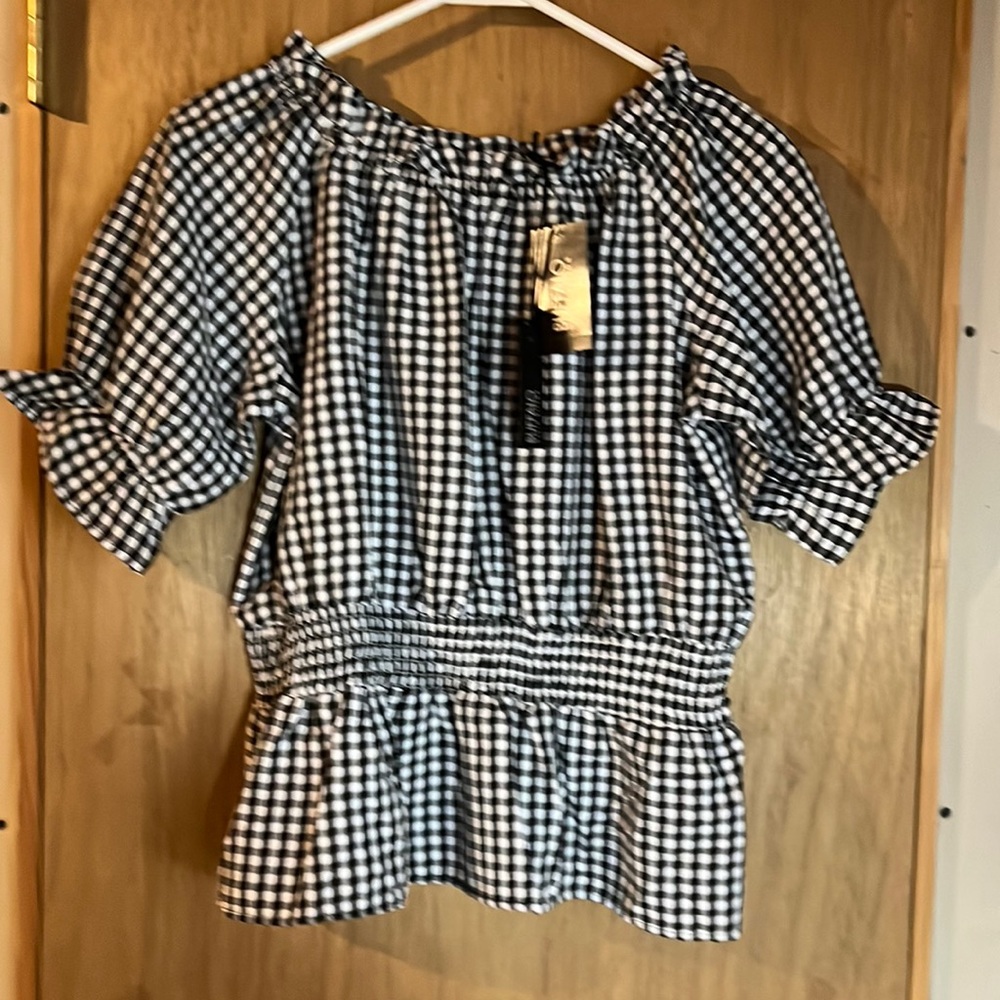 Ladies Junior XS Buffalo David Bitton shirt, Astrid Smock, BlkWht Gingham NWT